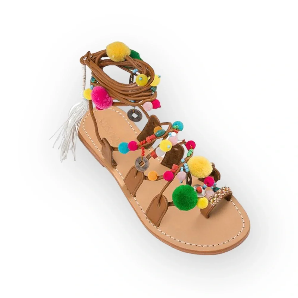 VHTF: new Mystique x Anthro 𖦹 Tokyo Pom Pom Ankle Wrap Toe Loop Leather Sandal - Picture 15 of 16